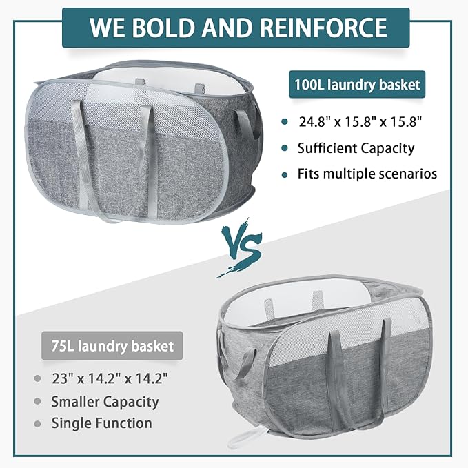 100L Collapsible Laundry Baskets, Tear Proof Pop Up Laundry Hamper