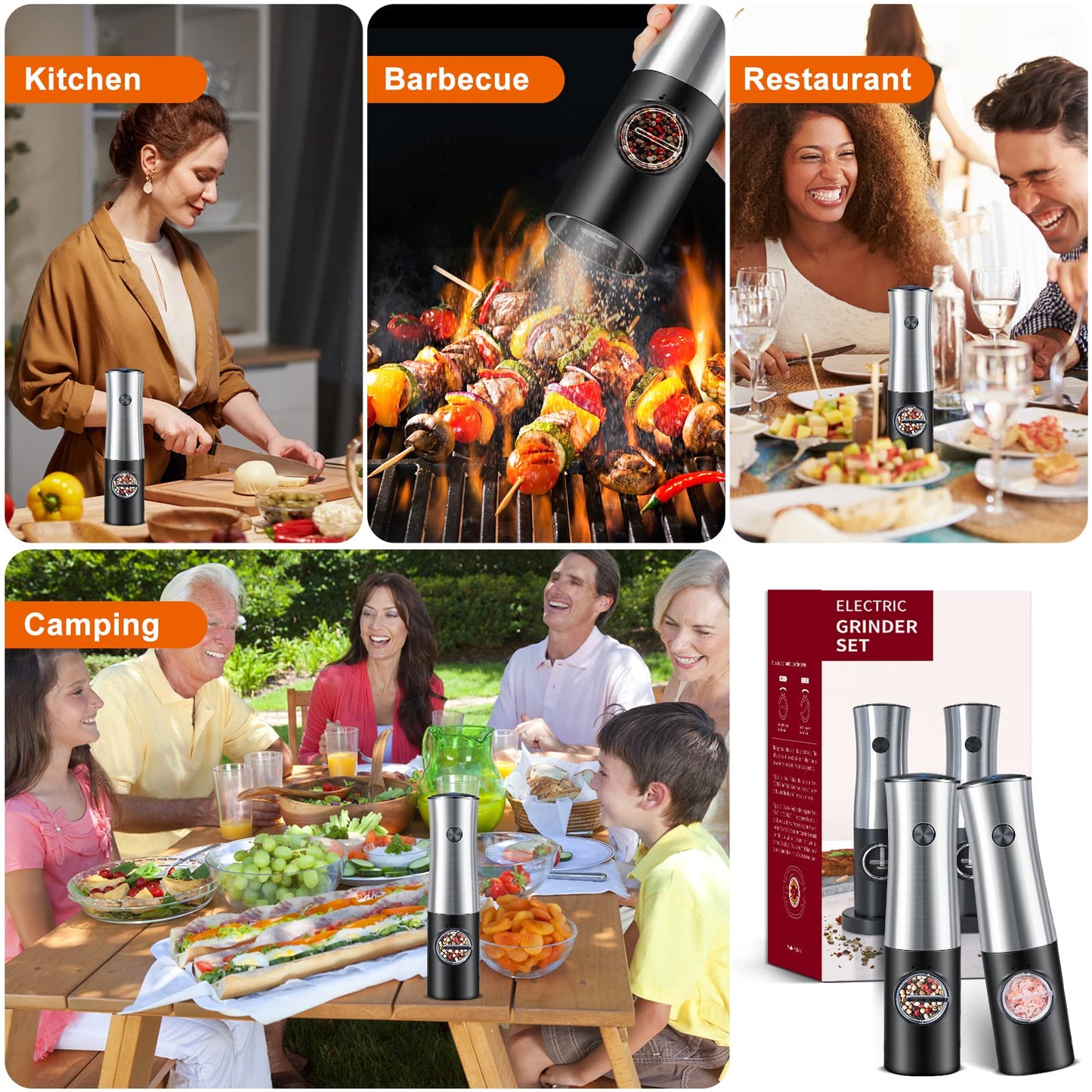 Electric Salt and Pepper Grinder Set with Base, USB Rechargeable Stainless Steel Pepper Mill, One-Handed Automatic Operation, Adjustable Coarseness, Led Light