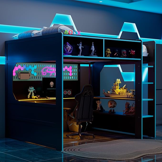 Modern Gaming Loft Bed with Built-in Desk, LED Lighting & Charging Hub – Full