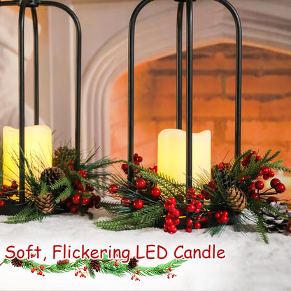 Bdor Christmas Lantern Decor Set of 2 – 14" Tall Hanging Metal Candle Holder with Pine Cones, Berries and LED Flameless Candle – Holiday Table Centerpiece for Indoor Home Decoration