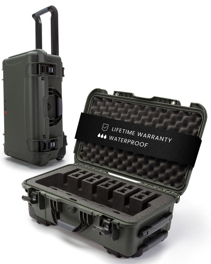 NANUK 935 Hard Case with Wheels and 6 UP Custom Foam Insert, IP67 Waterproof & Crushproof, Rugged Construction for Ultimate Protection, Made in Canada – Olive (22” x 14” x 9”)