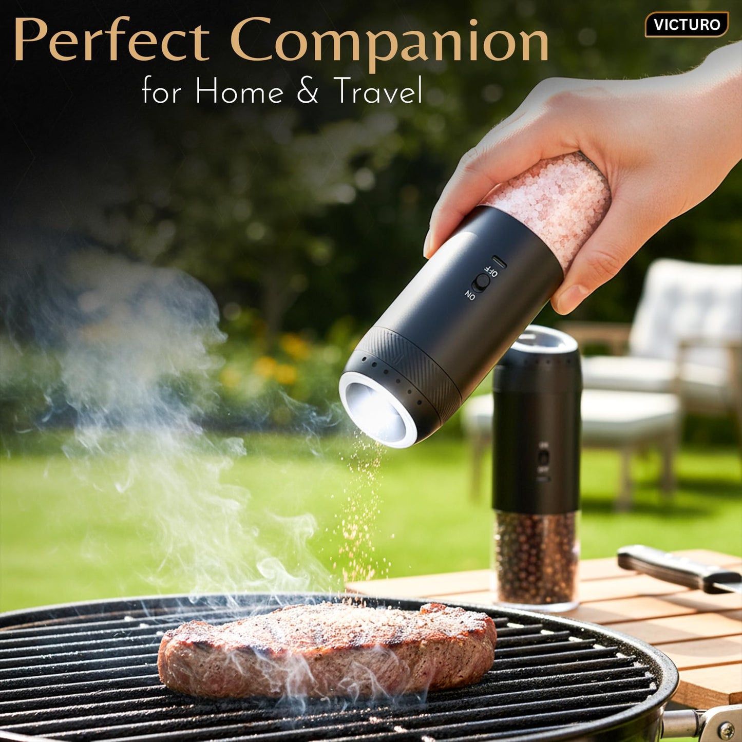 Victuro Electric Salt and Pepper Grinder Set, Automatic Refillable Salt and Pepper Grinder Set Rechargeable, One-Touch Electric Pepper Grinder, Stainless Steel Salt and Pepper Shakers Set for Kitchen