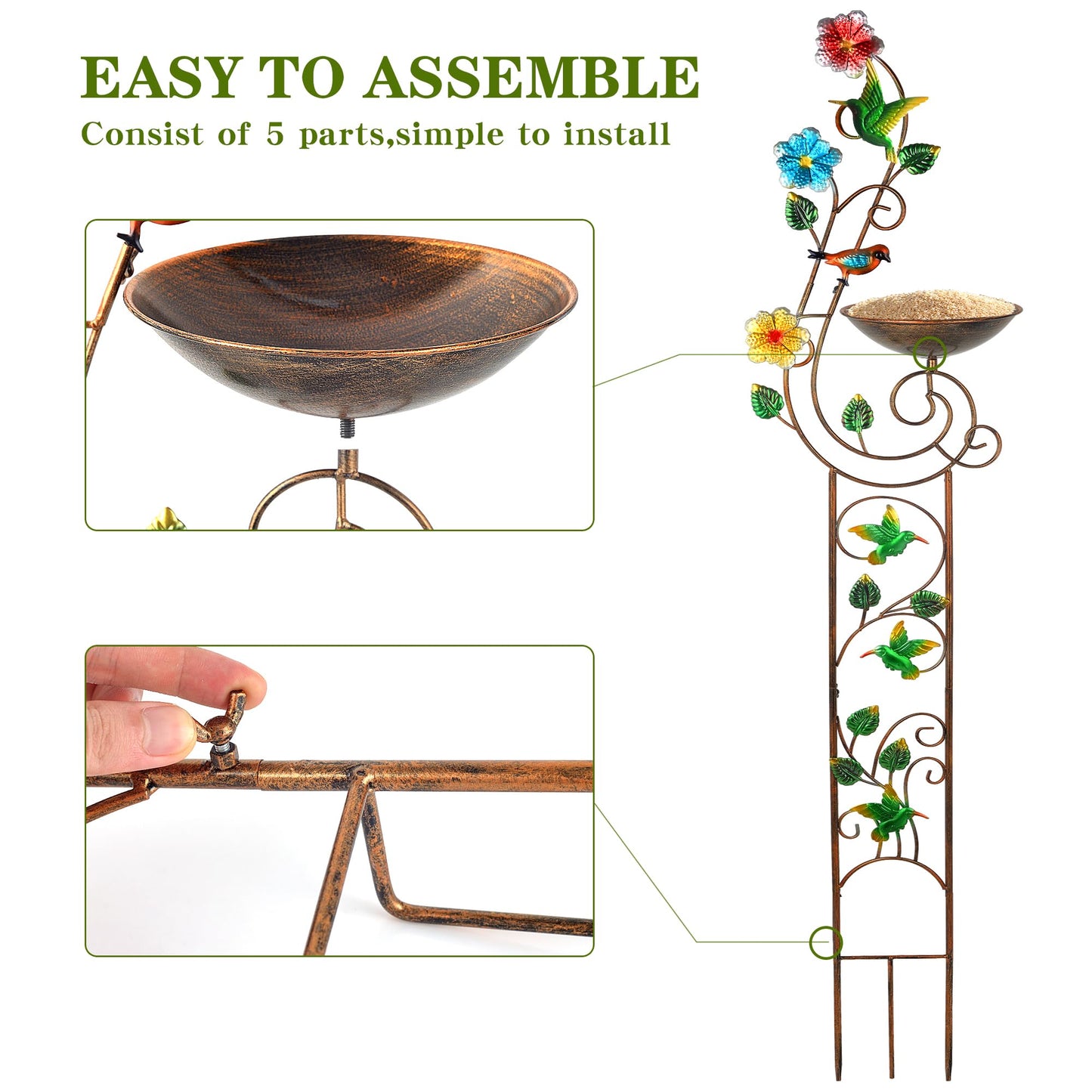 YADOOLIFE 57” Bird Bath with Garden Trellis for Climbing Plants Outdoor, Small Decorative Trellises Metal Birdbath Bird Baths, 1 Piece (Hummingbird)