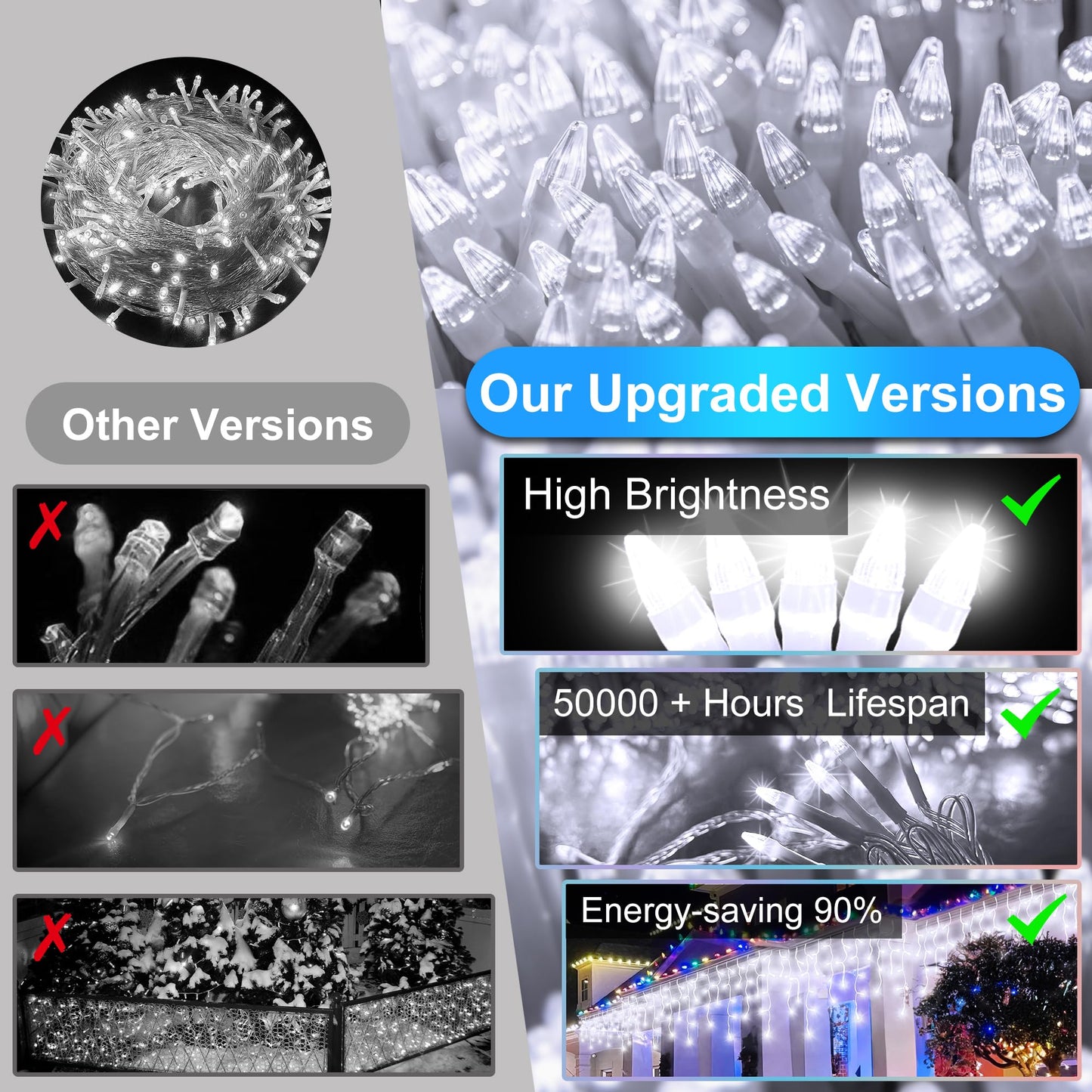 810LED 82ft Christmas Lights, 180Drops 12 Modes Cool White Christmas String Lights Outdoor Dimmable, Waterproof Christmas Decoration Fairy Lights with Timer for Indoor Eaves Party Patio Window Fence