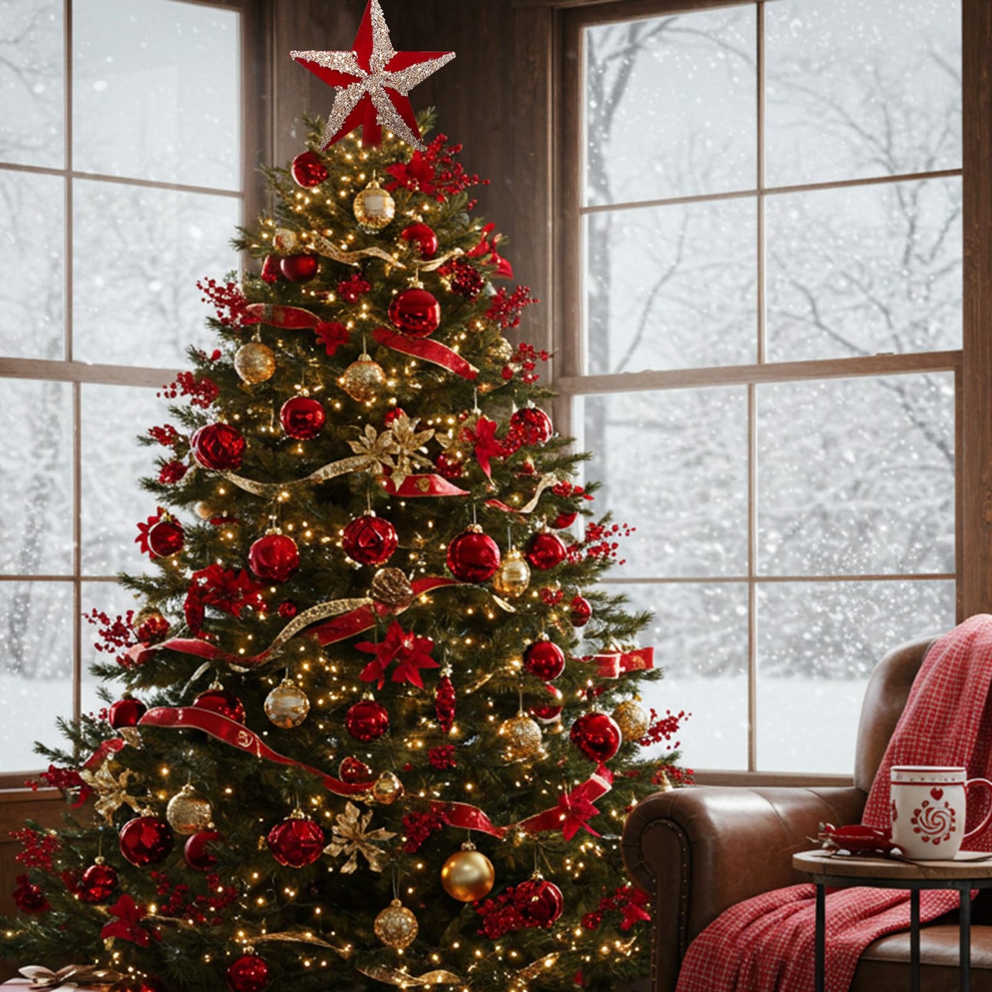 Soulchen 7.87 Inches Christmas Tree Topper Velvet Glitter Star Tree Topper Red Silver Holiday Bethlehem Star Ornament Decorative Christmas Decoration Xmas Gift Home Decor