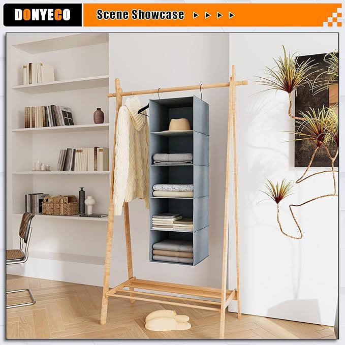 Hanging Closet Organizer 5-Shelf, Easy Mount Foldable Wardrobe Storage Shelves