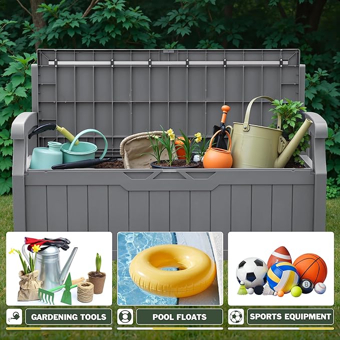 Flamaker 80 Gallon Storage Bench with Cushions Outdoor Indoor, Durable All-Weather Seating with Hidden Storage, Lockable Deck Box for Garden, Patio, Poolside (Grey)