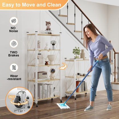 Yuanjimi 5-Tier Foldable Storage Shelves with Wheels, Folding Metal Shelf Unit, Folding Bookshelf no Assembly, Collapsible Shelves for Craft Shows for Kitchen, Bedroom, Living Room, Natural