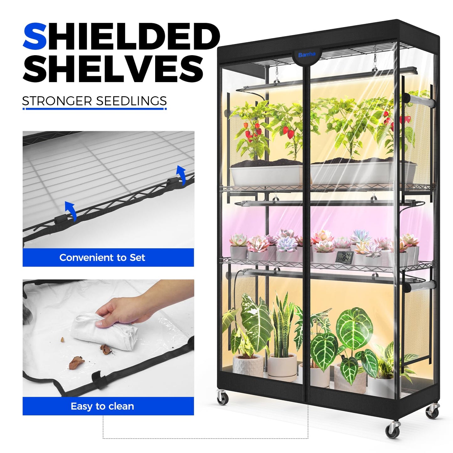 Barrina LP900 Mini Greenhouse with Grow Lights, 4-Tier Plant Stand with135W TX-S45 3FT 3 Dimmable Full Spectrum Lights , Plant Shelf with Tent Timer & Thermometer for Seed Trays 35.4 x 13.8 x 59.1IN