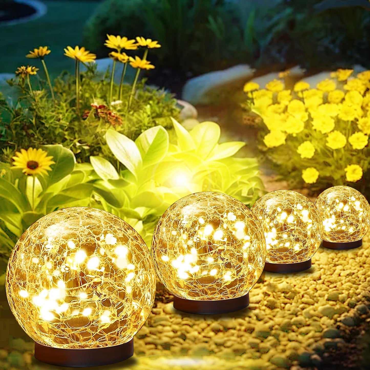 TARANEM Solar Lights Outdoor Waterproof 30LEDS, 4 Pack Cracked Glass Solar Globe Lights Outdoor with Auto On/Off, Outside Decorations for Yard,Garden,Patio, Pathway,Landscape - Warm White