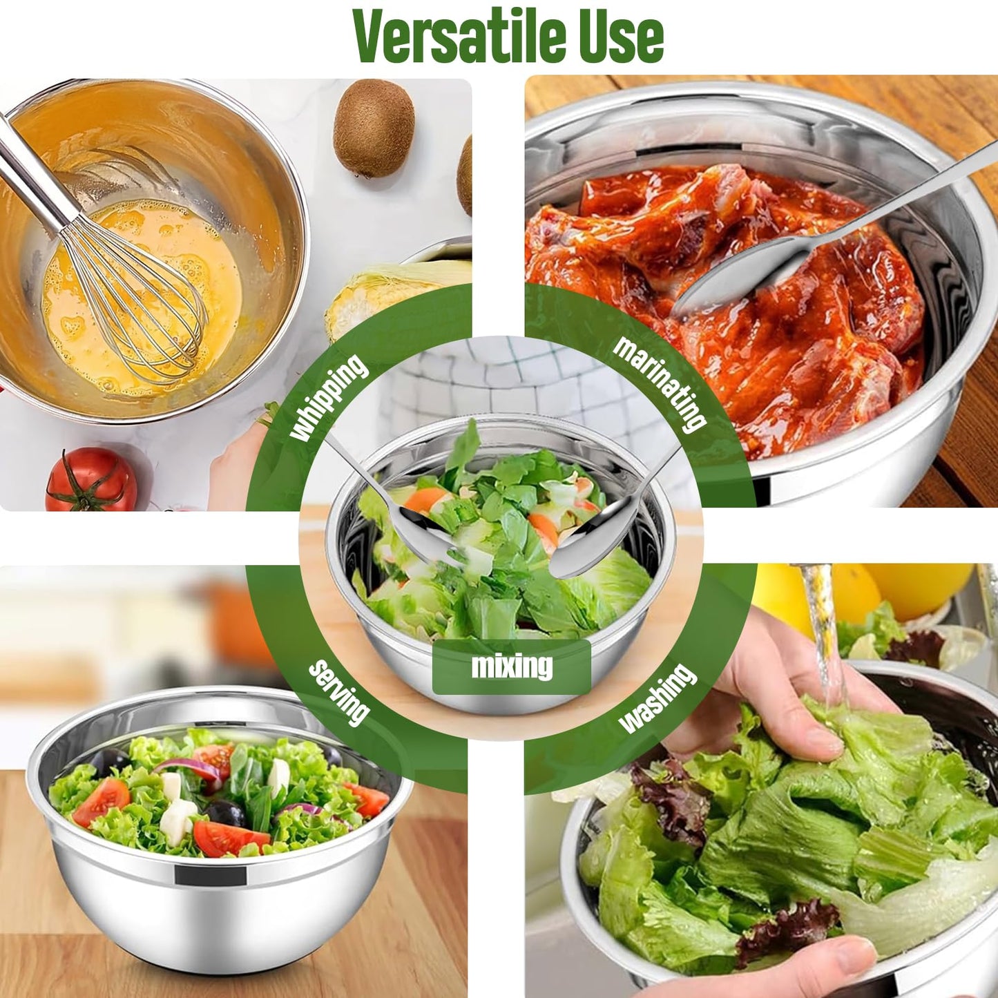 ShineMe Stainless Steel Salad Bowl with Lid, Extra Large Metal Bowl with Serving Utensils for Preparing, Mixing, Marinating, and Serving with Anti-slip Bottom, Unbreakable Kitchen Bowls 7QT
