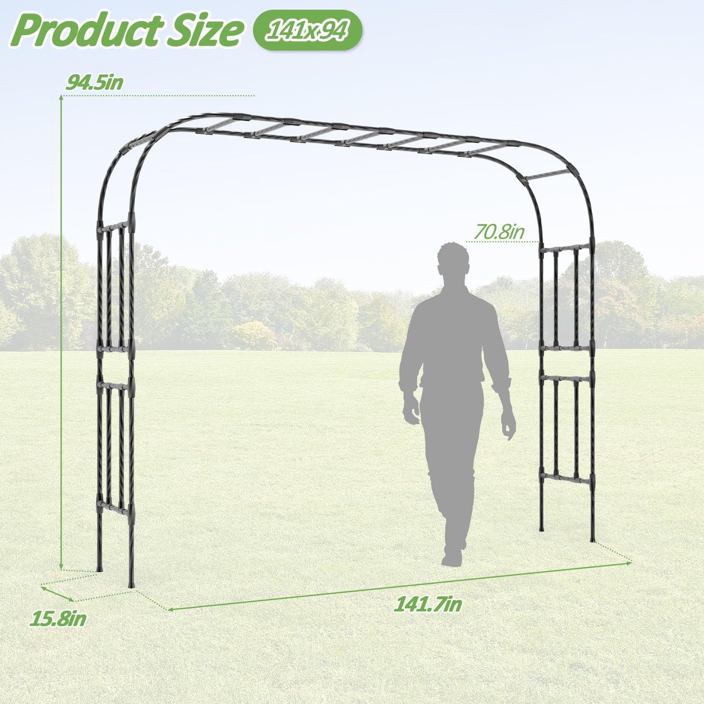 Trellume Thickened Metal Garden Arch-141.7"(L)*94.5"(H),Garden Arch Trellis for Climbing Plants Outdoor, Heavy Duty RustProof Iron Arbor Archway for Backyard, Patio, Lawn and Wedding Decorations
