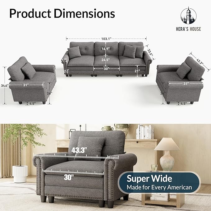HERA'S HOUSE 3 Pieces Modular Sectional Sofa Sets, Oversized Couch Set