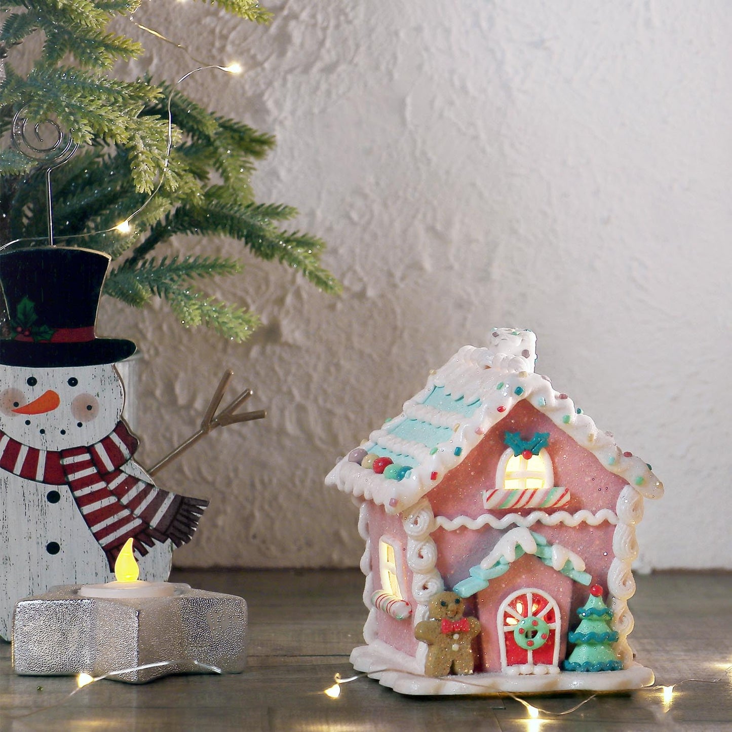 Season 2 Season Christmas Decorations 5.9" LED Gingerbread House Xmas Village Ornaments with Gingerbread Human Cookie and Christmas Pine Tree for Home Decor Holiday Decor
