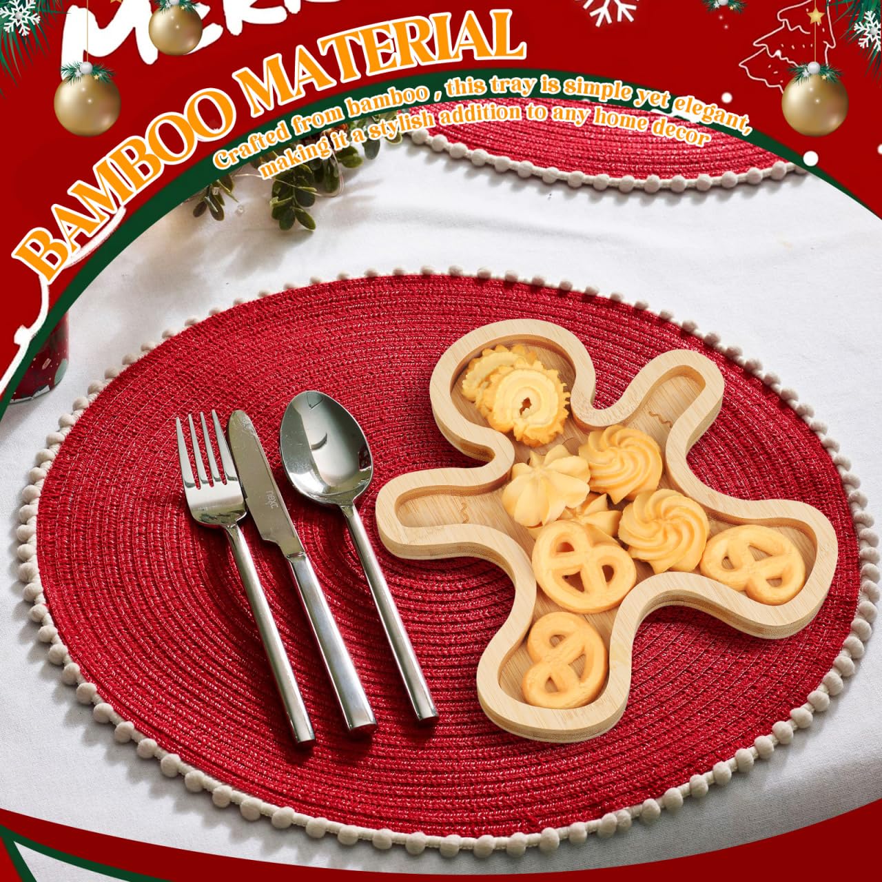 BESTonZON Christmas Charcuterie Board, Bamboo Gingerbread Man Serving Tray Serving Board Fruit Tray, Creative Gingerbread Man Food for Party Supplies, 8.3 * 7.2"