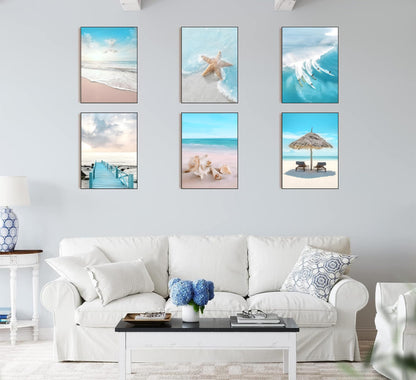 6Pcs Blue Coastal Wall Art,Beach Poster Prints,Summer Ocean Surf Pictures,Seaside Nature Scenery Wall Decor for Living Room Bedroom 8x10-inch UNFRAMED