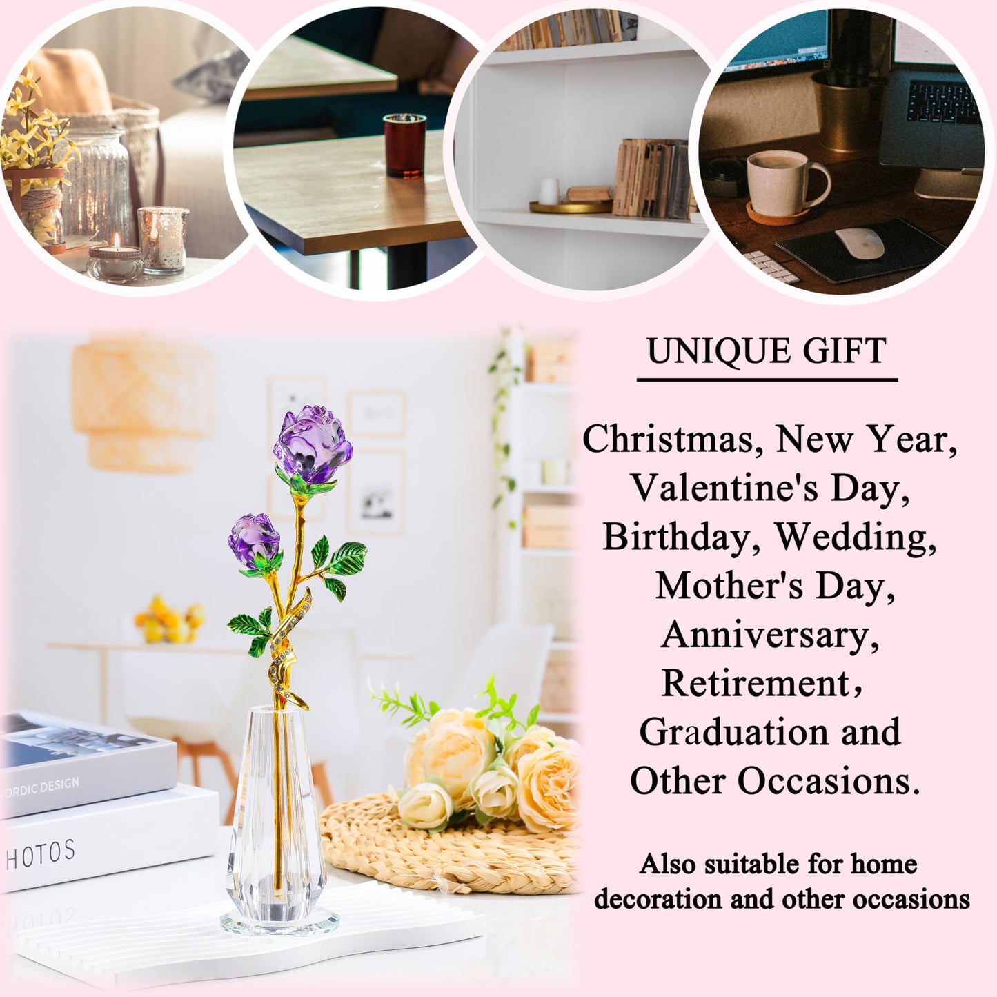 Rose Flower Crystal Figurine with Vase - Purple Bouquet Flowers Ornament Gifts for Wife Girlfriend Women - Handmade Crystal Flower Collectible Home Table Decor for Valentine Day Wedding Anniversary