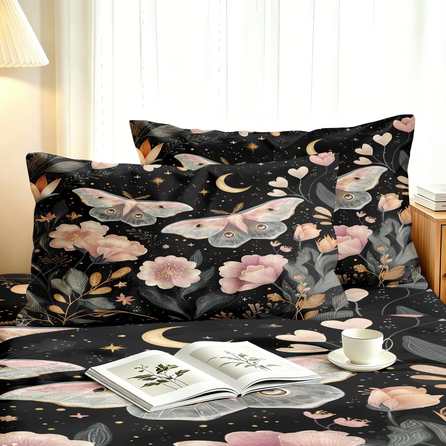 Pink Luna Moth Bedding Set 4 Pcs Girls Moon Star Full Sheets
