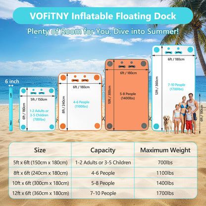 VOFiTNY Inflatable Floating Dock Air Platform Multi-Person Swim Water Mat with Rope Ladder, None-Slip Surface for Lake Beach (12ft x 6ft x 6in, Cyan)