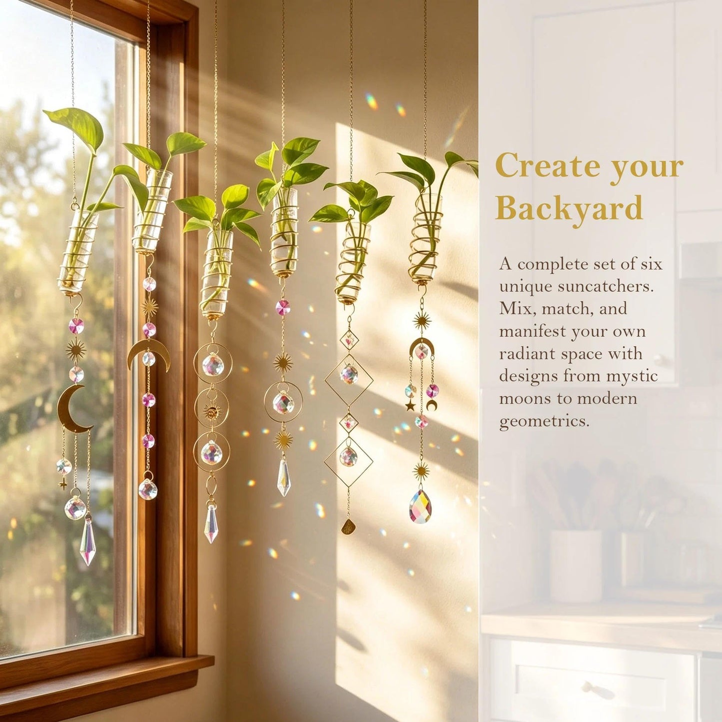 HDCRYSTALGIFTS 6Pcs Crystal Suncatchers with Propagation Stations,Glass Wall Planters for Indoor Plants Hydroponics - Propagation Tubes Jars with Sun Catchers Metal Chain for Home Whimsical Decor