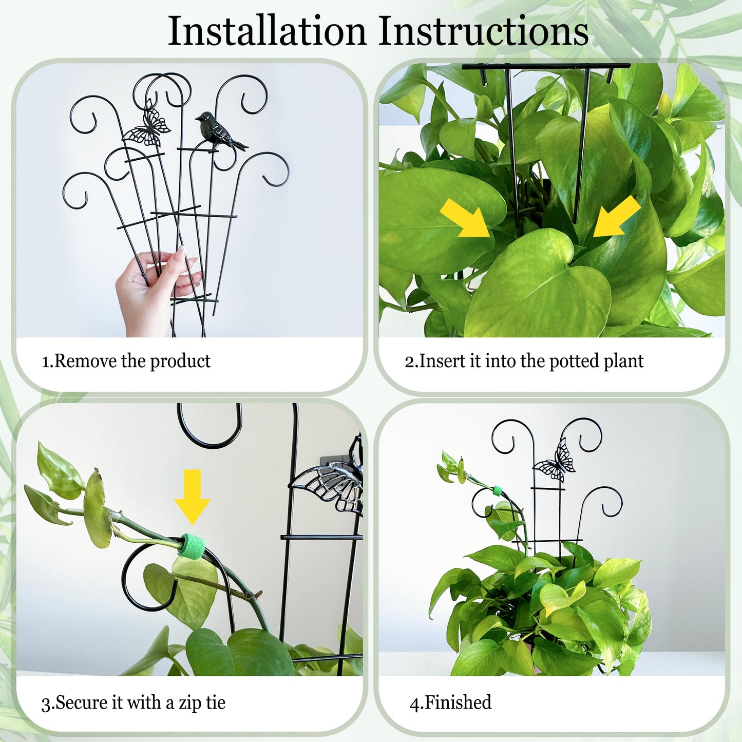 4 Pcs Metal Trellis for Potted Plants Indoor, 14.6 inch Small Garden Trellis with Bird for Climbing Plants Outdoor, Stackable Pothos Plant Climber Support for Hoya Vine Ivy Flower Plant Support
