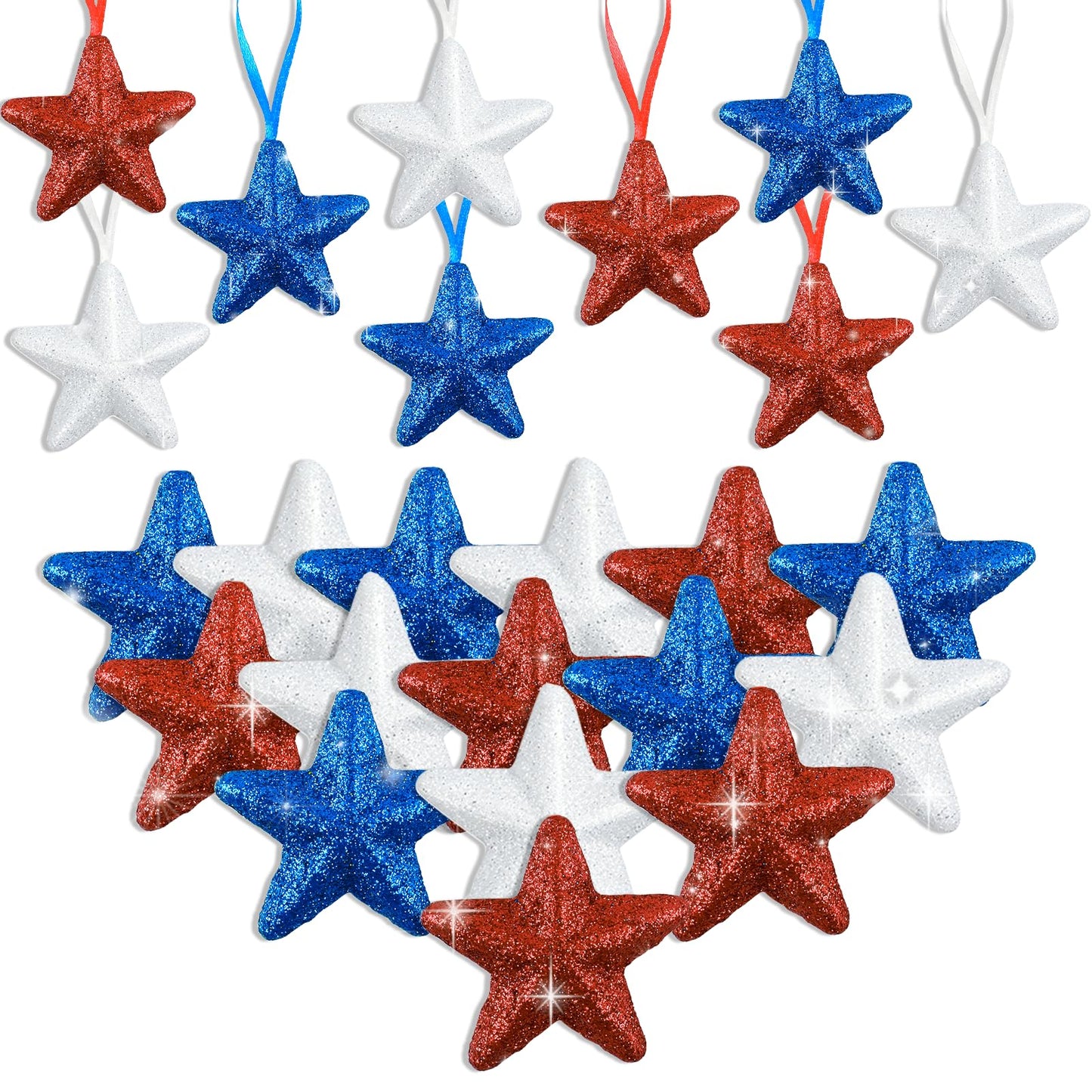 Patriotic Star Tree Ornaments 4th of July Star Hanging Decorations 24 Pcs Red Blue White Stars Tree Ornament Memorial Day Independence Day Hanging Stars for Patrictic Veteran Day Home Decor