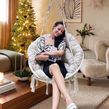 Hammock Chair with Cushion, Handmade Macrame Swing Chair with Hanging Hardware Kits, Bohemian Style Cotton Rope Hanging Chair for Bedroom Indoor Outdoor, Beige