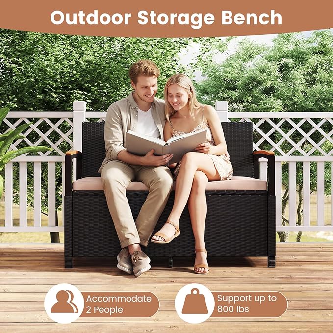 Tangkula 46 Gallon Outdoor Bench with Storage, Outdoor PE Rattan Storage Bench with Cushion, Backrest & Acacia Wood Armrests, Metal Frame, Waterproof Deck Box Seat for Porch Backyard Poolside
