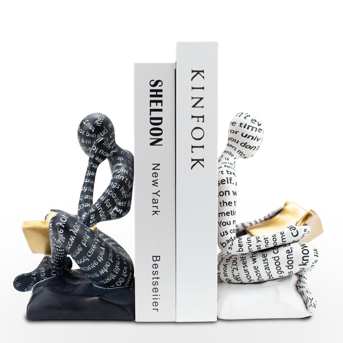 BANOMII Heavy Duty Book Ends for Shelves, Thinker Decorative Bookends for Heavy Books, Unique Book Stoppers to Hold Book, Bookshelf Accessories, Modern Home Office Decor Aesthetic Black & White