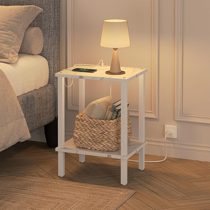 TUTOTAK End Table with Charging Station, Small Side Table, Nightstand Bedside