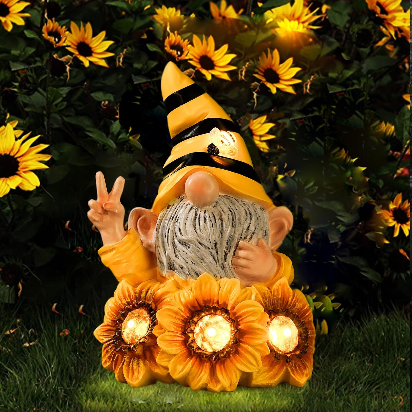 Joint Honglin Solar Garden Gnome Statue with Crystal Sunflower Lights - Outdoor Bee Gnome Figurine with Glowing Bee, Waterproof Resin Yard Art Decor for Patio, Lawn, Porch, Summer Gardening Gift