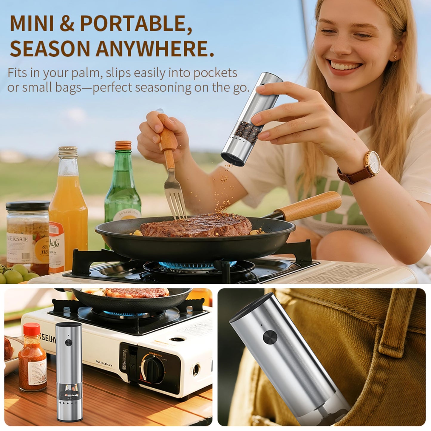 Mini Electric Salt and Pepper Grinder Stainless steel, USB Rechargeable, Small Automatic Salt Pepper Mill Grinder, Travel/Outdoor BBQ/Children, One-Button Control,External Adjustable Coarseness