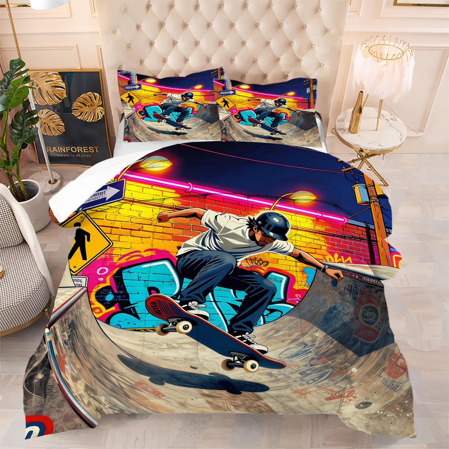 VTKON Skateboard Comforter Set for Teens Full 3Pcs with 1 Comforter and 2 Pillowcases Cool Graffiti Bedding Set Boys Sports Themed Bed Sets Microfiber for All Season