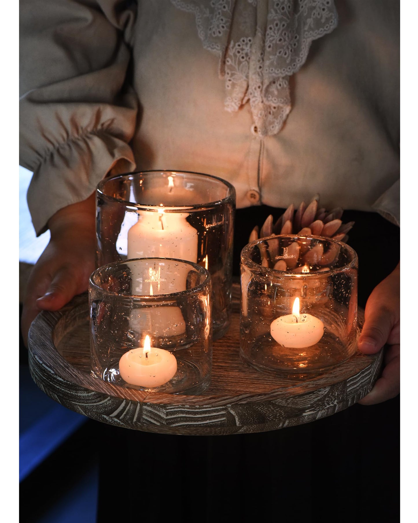 ARIAMOTION Glass Candle Holder Set 3 Clear Seeded Bubbles Modern Farmhouse Centerpieces Coffee Table Rustic Hurricane Cylinders Pillar Votive Tealight