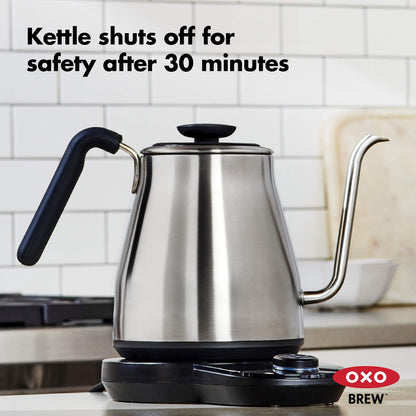 OXO Brew Adjustable Temperature Pour Over Kettle, 1 L, Gooseneck Electric Kettle, Stainless Steel with Timer