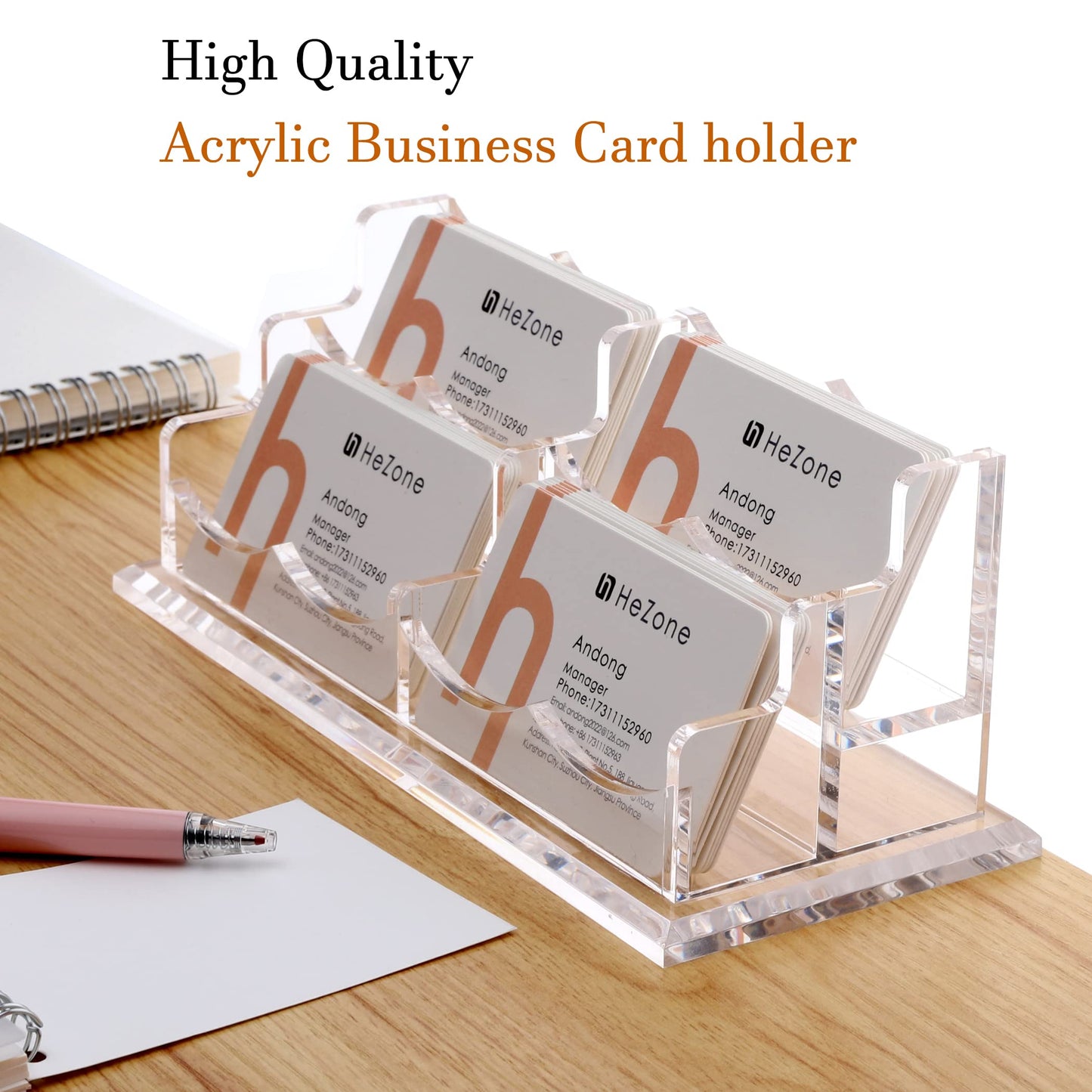 HeZone Business Card Holder Display for Desk, Cards Organizer Case for Women and Men 4 Slot 2 Tier, Clear Acrylic Business Card Stand Rack with 1 Pack (4 Grid-H)