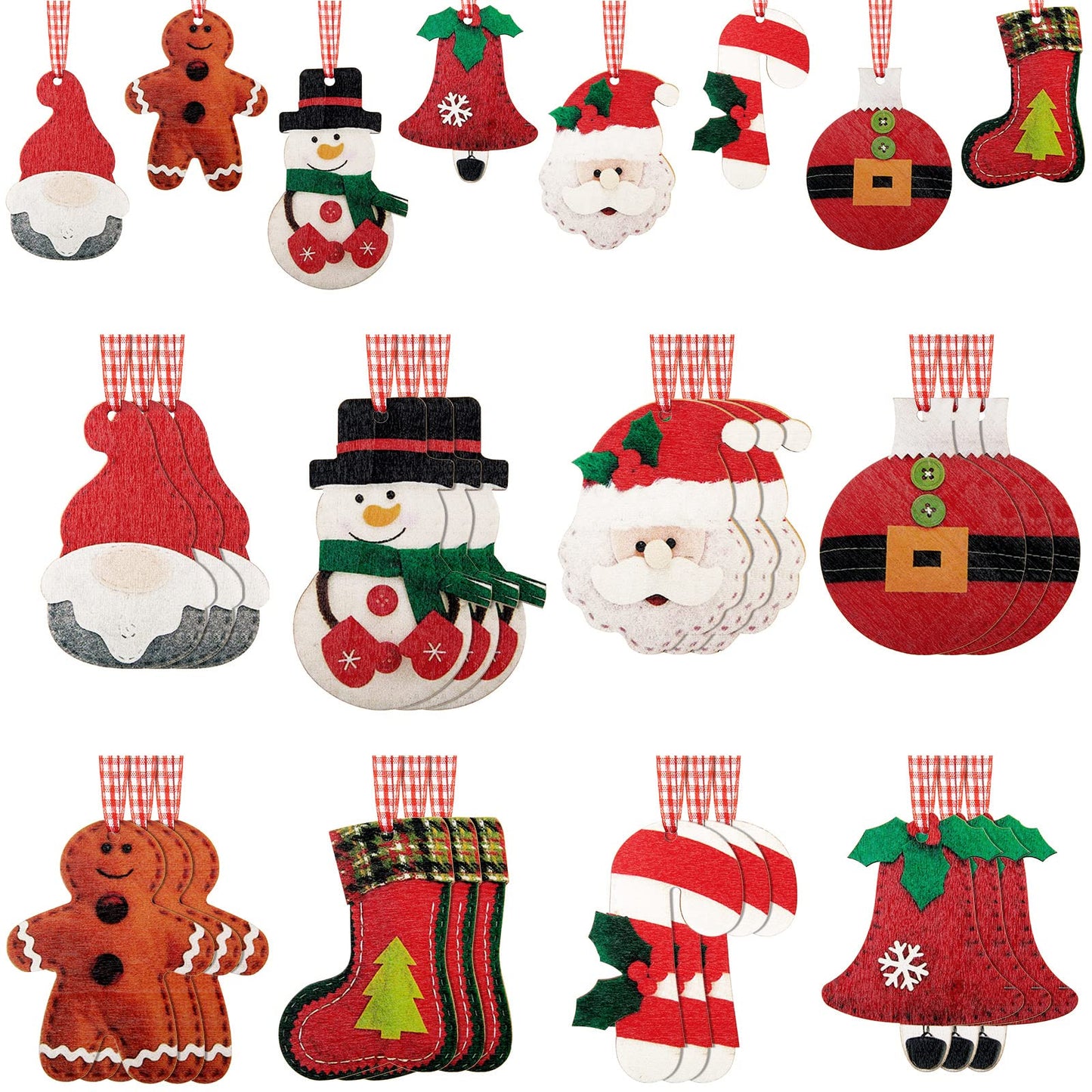 24 Pcs Wooden Christmas Tree Ornaments Hanging Decorations 3D Santa Clause Snowman Reindeer Candy Cane Stocking Wooden Crafts for Xmas Tree Wreaths Home Winter Holiday Party Decor (Wood)