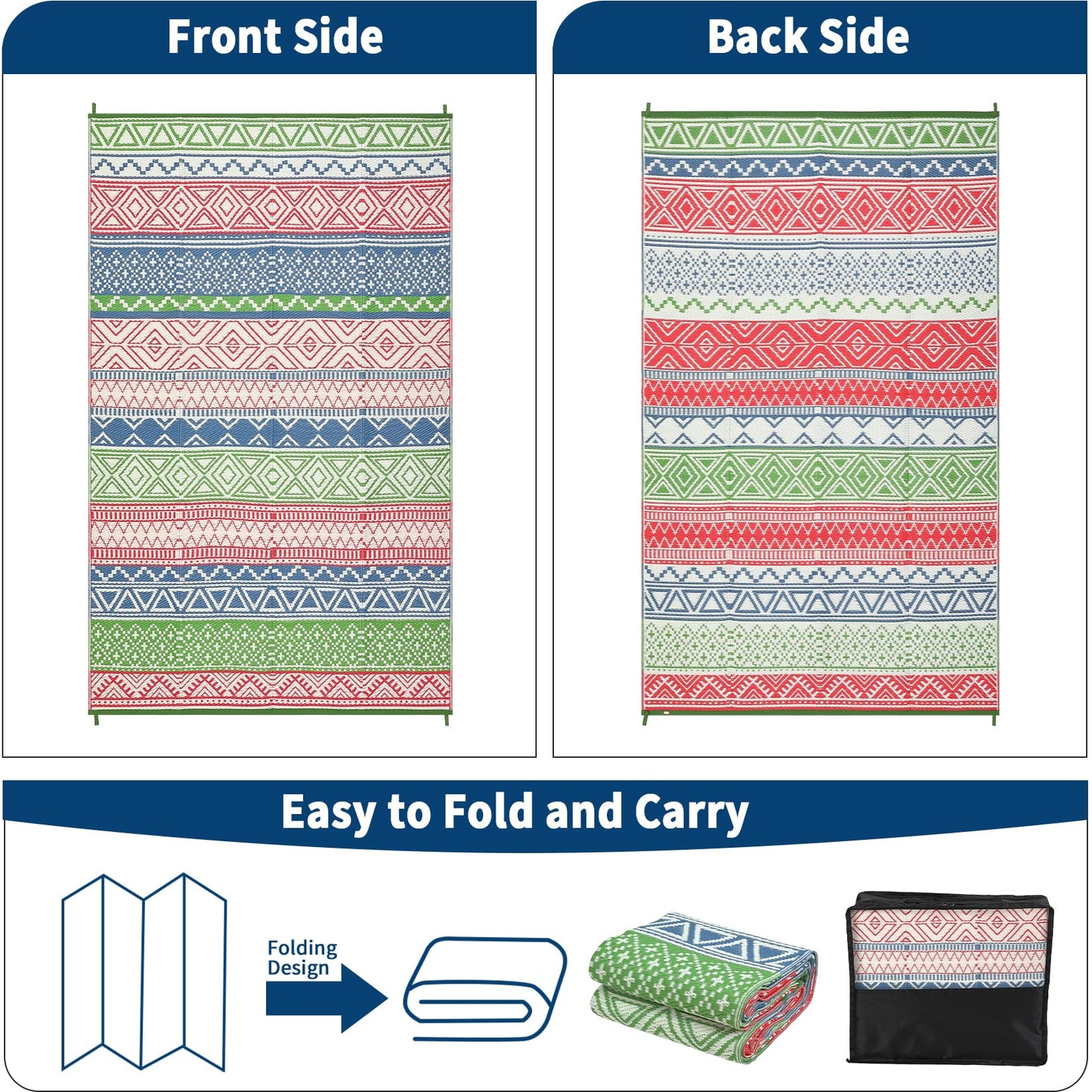 LUXLOOM Outdoor Patio Rug 10x20 Outdoor Rug Boho Plastic Straw Rugs for Patio Reversible Mat Waterproof Camping Rugs for RV Beach Deck Picnic Backyard Porch Easy Clean Floor Cover, Green Blue