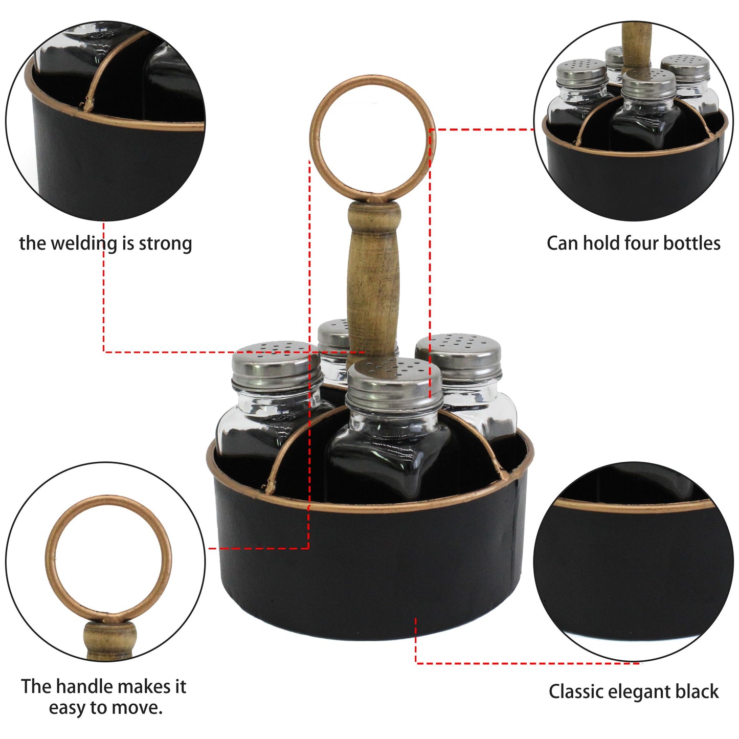 ZNCO Metal Round Salt, Pepper and Toothpick Caddy with Wooden Handle, Glass Shakers Set, Rustic Vintage Style, Black