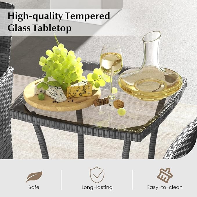 Tangkula 3-Piece Patio Furniture Set, PE Wicker Conversation Bistro Set w/A