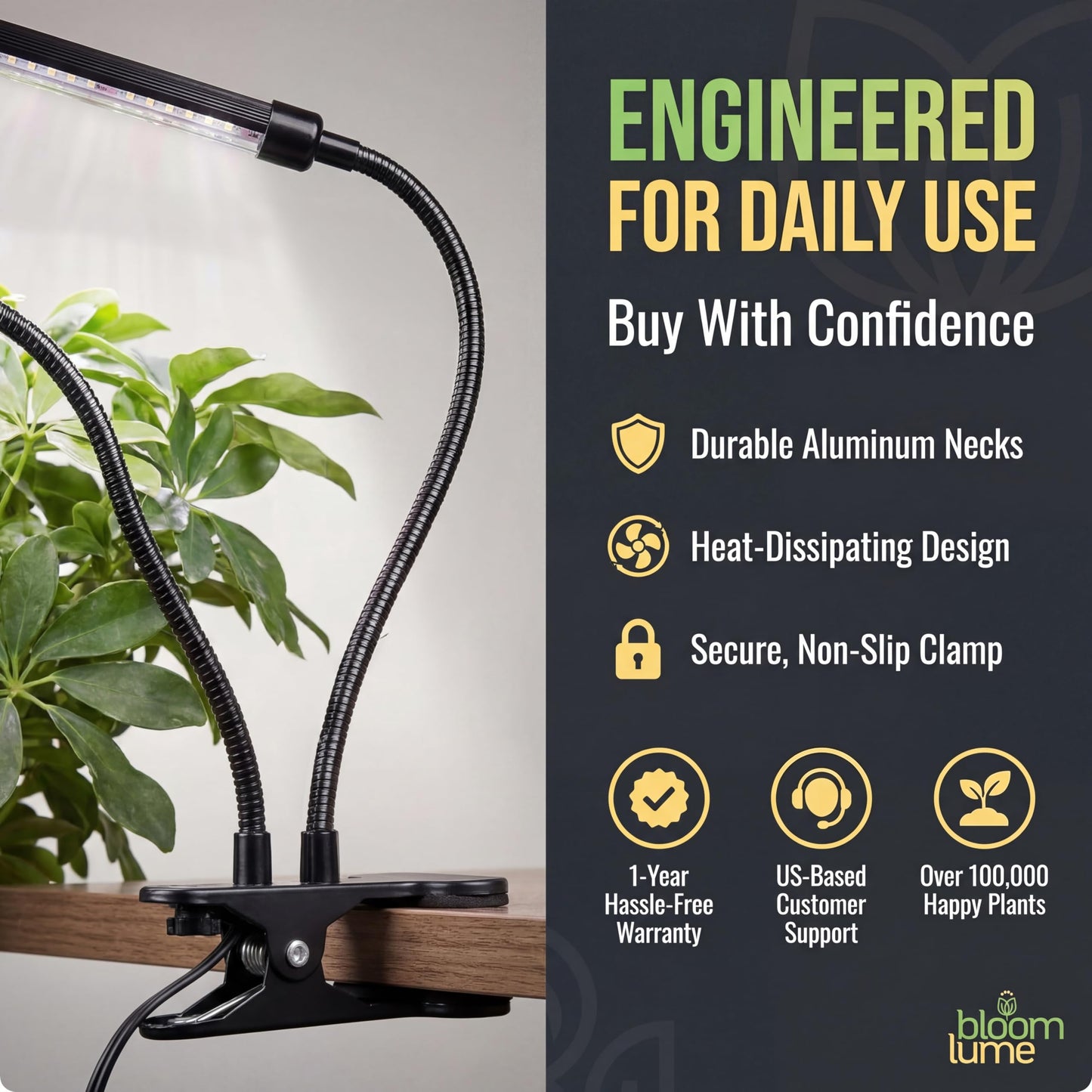 Bloom Lume LED Grow Lights for Indoor Plants Full Spectrum - Features Multi Mode Color Spectrums, Dimmable, Auto Timer, Clip on Goosneck Plant Lamp