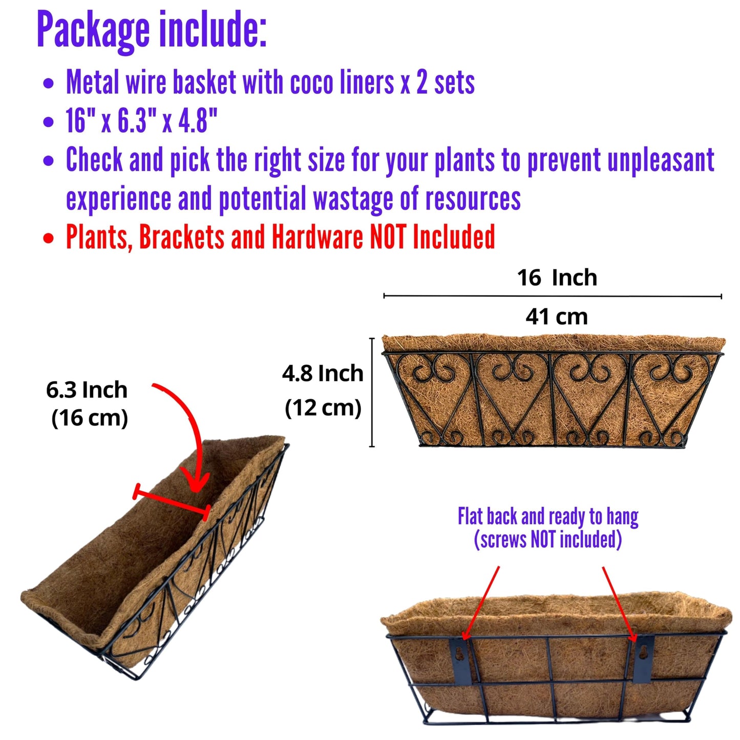 LaLaGreen Wall Planters - 2 Pack, 16 Inch Window Flower Boxes Outdoor, Deck Railing Hanging Metal Wire Basket Black with Coco Liners Horse Troughs Fence Balcony Garden Farmhouse Patio Porch Over Rail