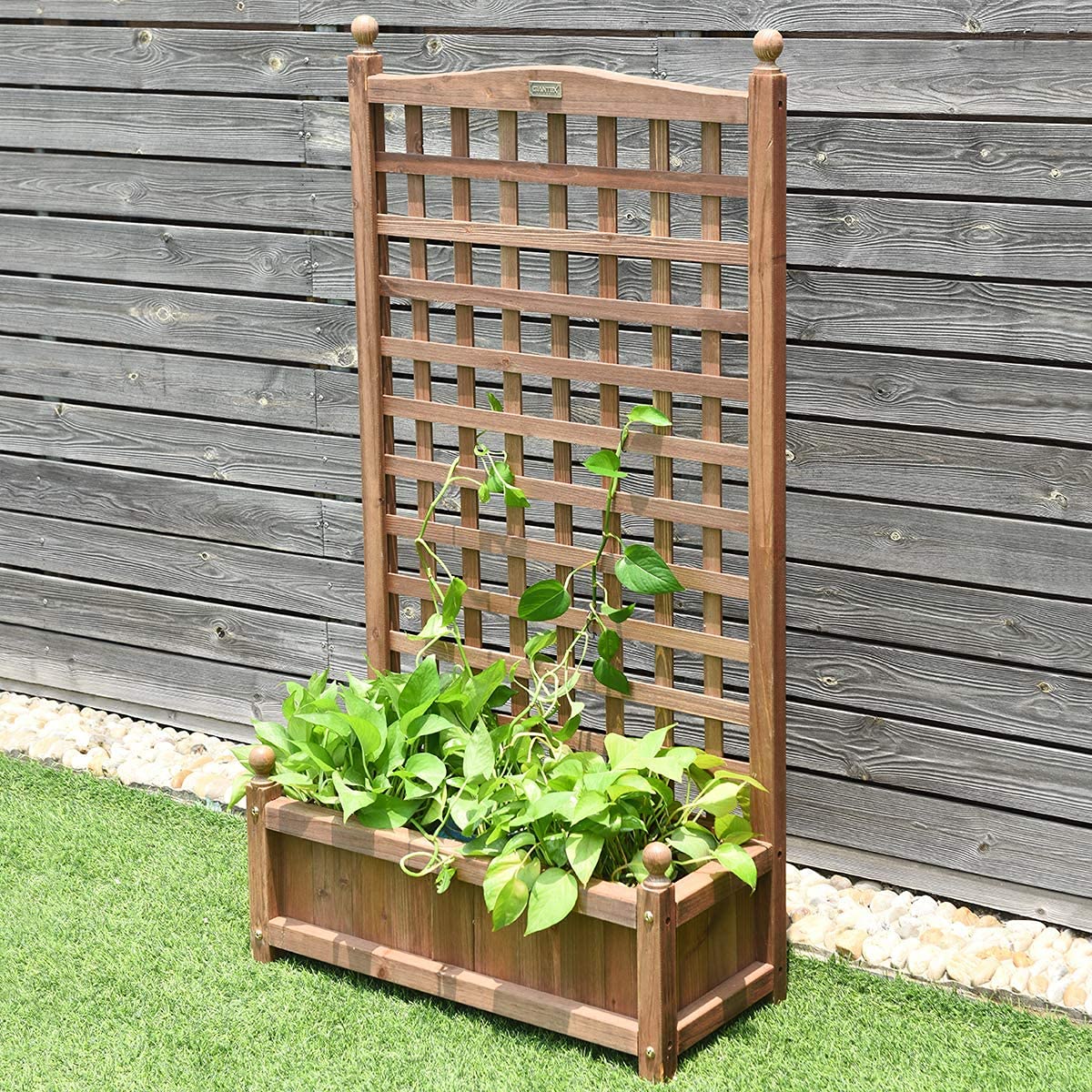 GRAFFY Wood Planter Raised Bed with Trellis, Outdoor Raised Garden Bed, Planter Box for Climbing Plants w/Drainage Holes, Free-Standing Raised Planter for Patio Garden Yard