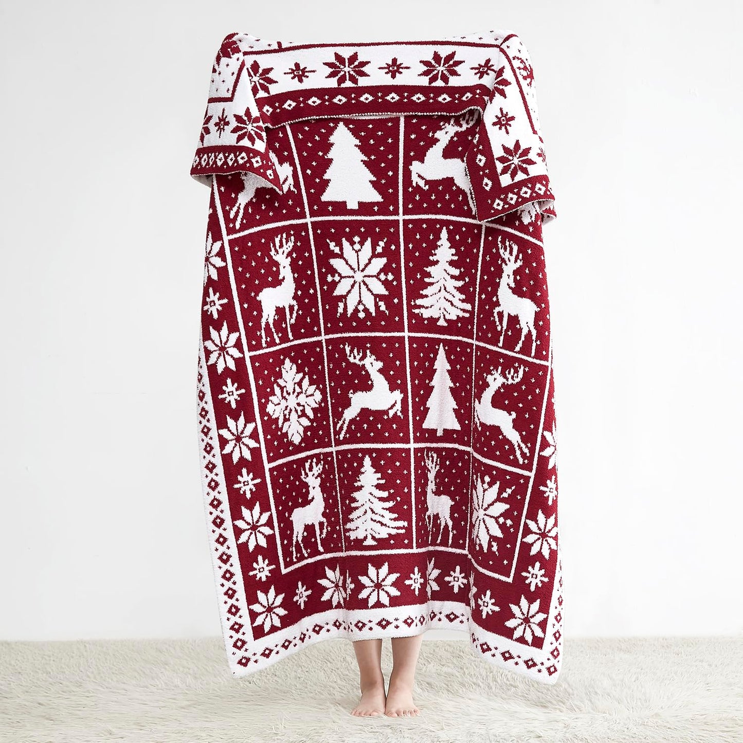Super Soft Christmas Throw Blanket for Couch Bed Living Room Decor, Fuzzy Fluffy Fleece Cozy Like Chenille, Cute Tree Deer Snow Pattern, Thick and Warm for Winter, Red and White, Small 50x60 inch