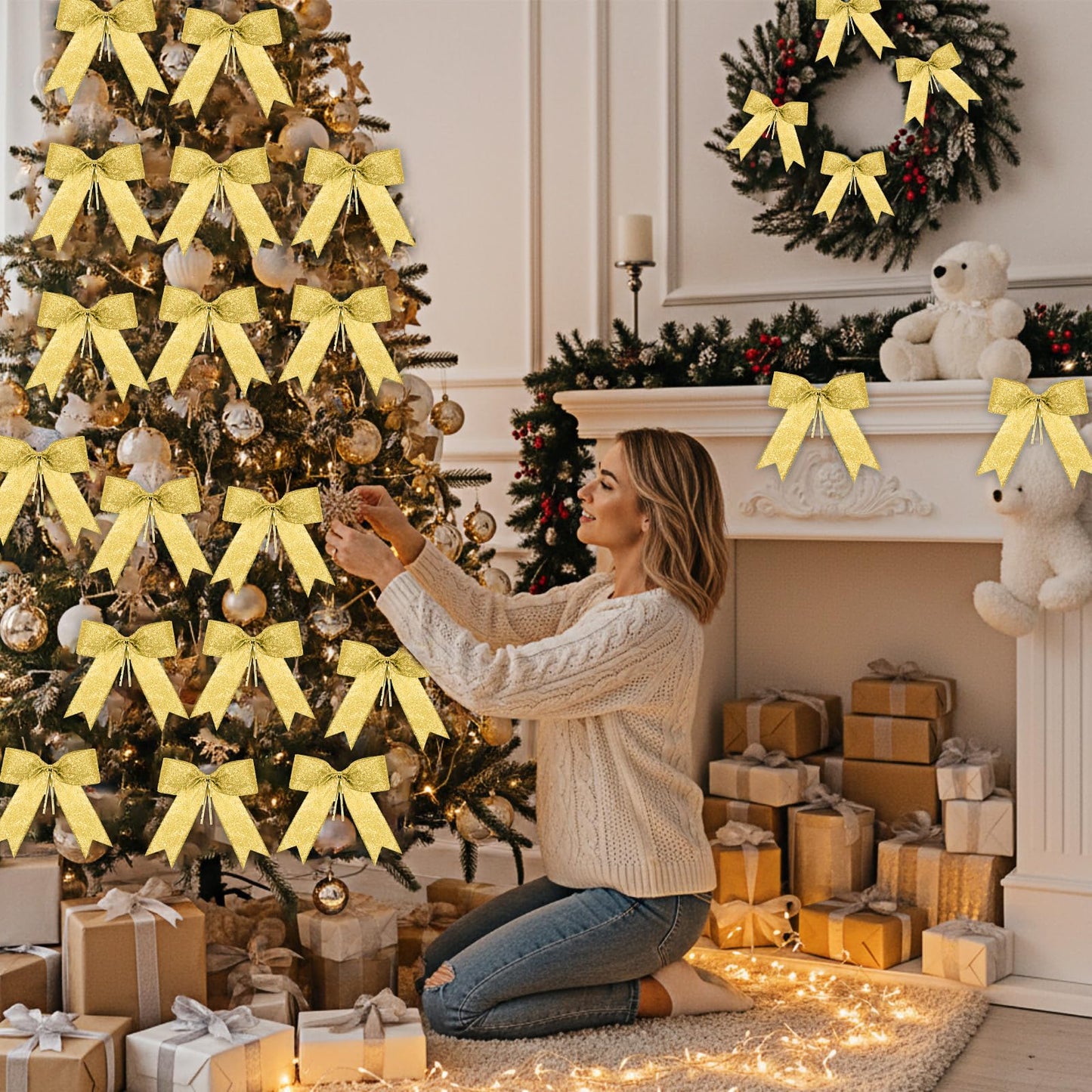 Sumind 36 Pieces Gold Christmas Tree Glitter Bows, 5 x 4 Inch Tie Ribbon Twist Tie Bows for Treat Bags Gift Wrapping Basket Wedding Birthday Valentine Christmas Tree Wreath Garland Decoration