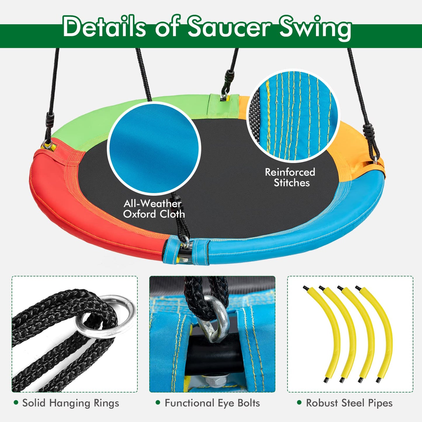 HONEY JOY 660lbs 2 Seat Metal Swing Frame Set with Saucer Swing & Belt Swing, Heavy Duty A-Frame Kids Swing Stand w/Ground Stakes and Adjustable Ropes, Outdoor Swing Sets for Backyard