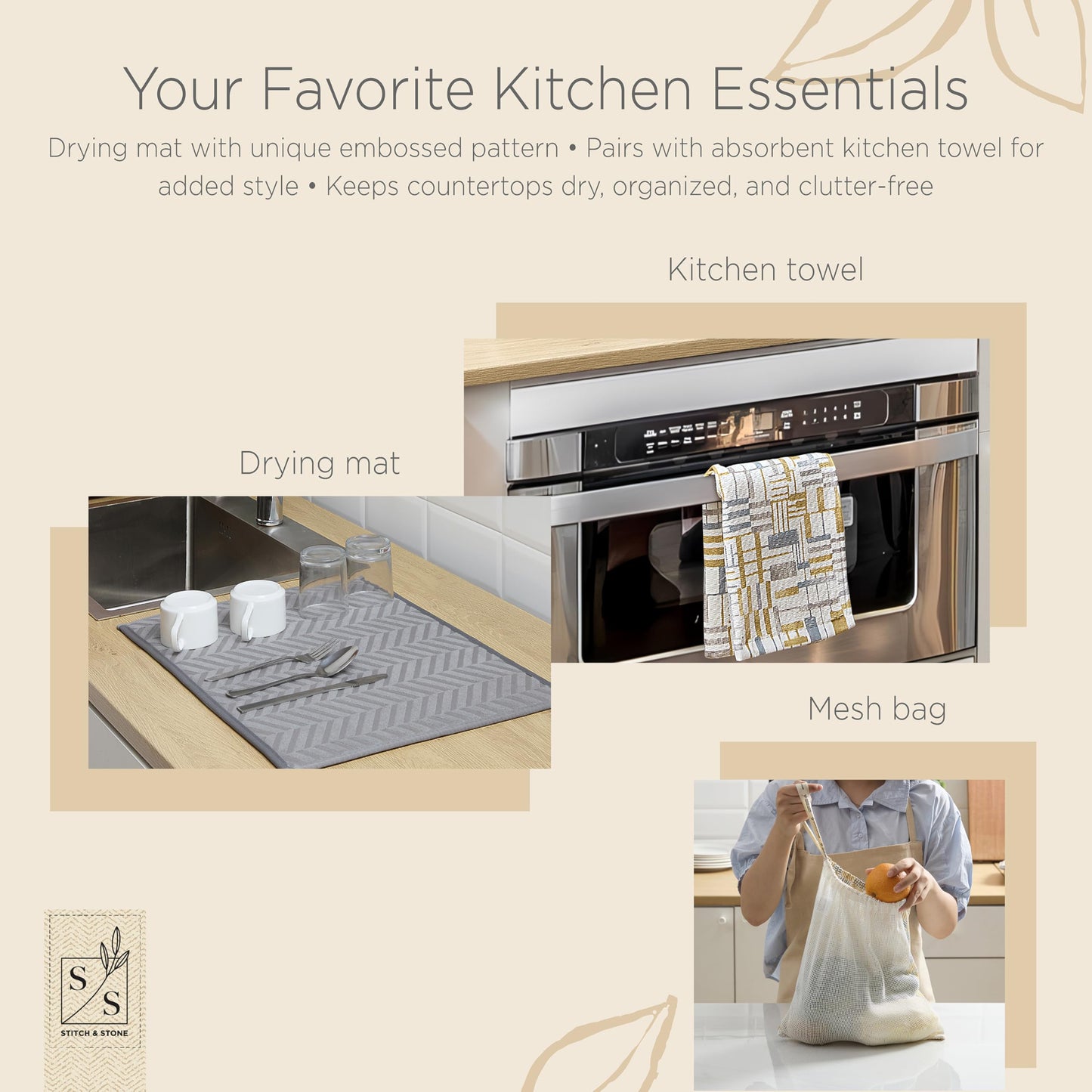 Stitch & Stone Welcome Home Kitchen Set - Multi Use with Quilted Pot Holder, Mitt, & Bowl Trivet, Cotton Kitchen Towel, Mat for Dish Drying, Hanging Towel, & Bowl Cover - Grey and Mustard Line