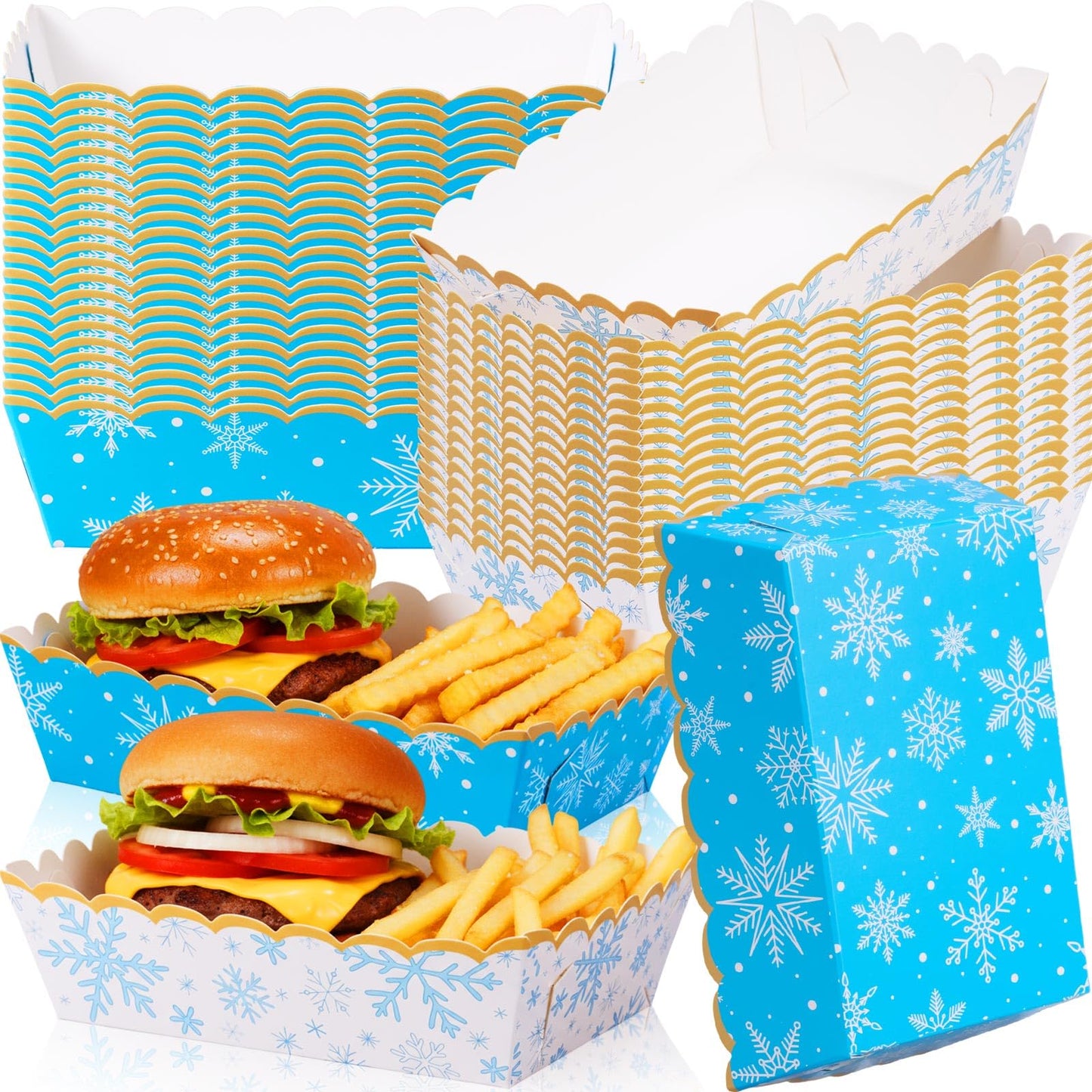 Dunzoom 60 Pcs Blue White Winter Snowflake Paper Food Trays Winter Wonderland Party Decoration Snowflake Snack Trays Nacho Boats Bowl Disposable for Holiday Birthday Baby Shower Party Supplies