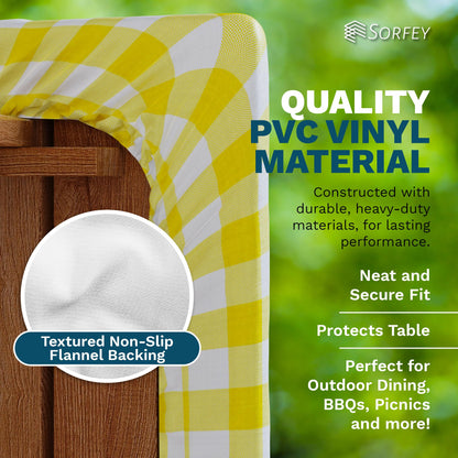 Sorfey Picnic Table Cover with Bench Covers -Fitted with Elastic, Vinyl with Flannel Back, Fits for Table 28"x 72" Rectangle,Water Proof, Checked Red Design