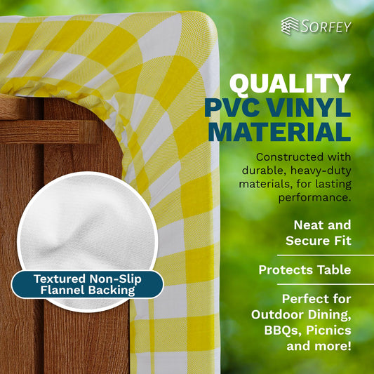 Sorfey Picnic Table Cover with Bench Covers -Fitted with Elastic, Vinyl with Flannel Back, Fits for Table 28"x 72" Rectangle,Water Proof, Checked Red Design